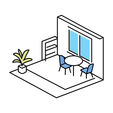A minimalist room is depicted in an isometric view. The room features simple furniture, including a small round table with two chairs beside it. The walls are painted in soft neutral colors, creating a calm atmosphere. There is a single, unadorned bookshelf against one wall, and a potted plant in the corner adds a touch of greenery. The floor is bare, enhancing the open space of the room. Natural light streams in through a large window, casting subtle shadows on the floor.