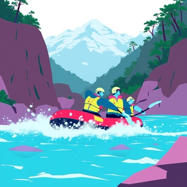 A group of adventurous rafters navigating the turbulent rapids of a river near Pahalgam. The scene features four individuals in an inflatable raft, wearing bright yellow life jackets and helmets, paddling vigorously against the splashing water. Surrounding them are steep, rocky riverbanks with lush greenery, showcasing the natural landscape of the region. The river water is a vibrant blue, contrasting with the earthy tones of the rocks and trees. In the background, snow-capped mountains rise majestically, adding to the dramatic scenery. Bright sunlight casts dynamic shadows on the water, enhancing the sense of action and excitement in the scene.