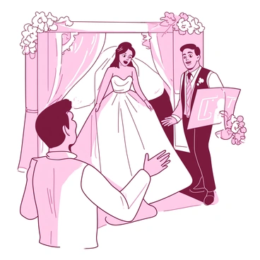 A groom with a surprised expression stands at the front of an elegantly decorated venue. His eyes are wide with amazement as he gazes towards the bride. The bride is gracefully entering the scene, wearing a stunning white wedding dress that flows elegantly around her. The groom's hands are slightly raised as if he is in awe, and there are soft decorations such as flowers and ribbons around the venue, enhancing the romantic atmosphere. The light catches the intricate details of the bride's dress, highlighting its beauty in contrast to the groom's expression of joy and surprise.