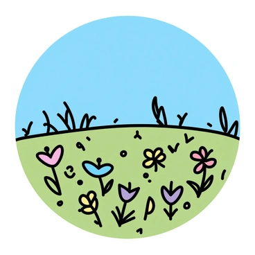 A vibrant meadow filled with an array of wildflowers in various colors, including red, blue, yellow, and purple. The flowers are scattered across the green grass, creating a colorful patchwork. The sky above is clear and blue, providing a bright backdrop to the scene. Sunlight shines down on the meadow, enhancing the colors of the flowers and casting soft shadows on the ground.