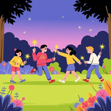 Children playing with sparklers in a garden at dusk