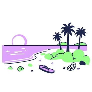 A beach scene features soft waves lapping against the shore. The sand is smooth and stretches out underfoot. In the background, a large sun is setting on the horizon, casting a warm glow. Silhouetted against the sun, there are a few palm trees bending slightly in a light breeze. On the sand, there are scattered seashells and small rocks, adding texture to the landscape. A pair of flip-flops is left near the water's edge, reflecting the peaceful atmosphere of the beach.