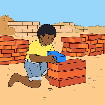 A young child with light brown skin and curly black hair, wearing a bright yellow t-shirt and denim shorts, is focused on stacking colorful bricks in a dusty brick kiln yard. The child is on their knees, carefully balancing a blue brick on top of a red brick. Surrounding them are stacks of variously shaped bricks in shades of red, orange, and brown. The ground is sandy and dry, with a few scattered pebbles and bits of debris. In the background, there are partially constructed brick walls and heaps of raw clay, under a clear blue sky.