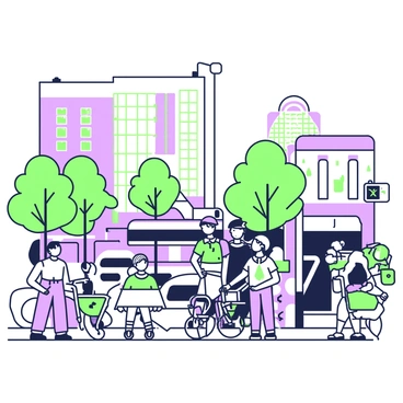 A bustling Canadian city scene filled with various buildings and people engaged in different activities. In the foreground, two police officers are assisting a group of citizens, one officer is talking to an elderly person while another helps a child with a bicycle. Nearby, a street vendor is selling food, attracting a diverse crowd. The street is lined with trees, and several cars are parked along the side. In the background, a tall building with large windows reflects the bright sky, and a city bus is stopping at a nearby transit stop.