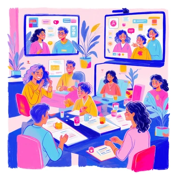 A lively virtual event is taking place with a diverse group of participants displayed on multiple screens. Each screen shows individuals from different backgrounds, smiling and actively engaging in various online activities. Some participants are animatedly discussing in small breakout groups, while others are presenting ideas through shared slides. Colorful digital graphics and icons representing different activities, such as chat bubbles and play buttons, are interspersed throughout the composition. The overall atmosphere is energetic, highlighted by vibrant colors and dynamic expressions on the participants' faces.