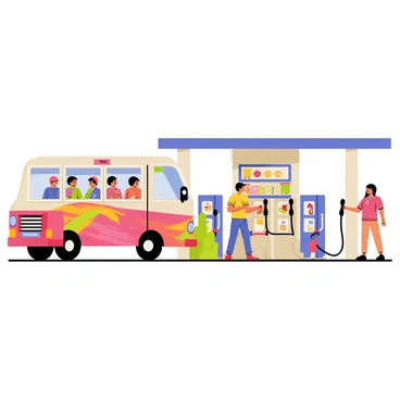 A jeepney with a colorful and decorated exterior is parked at a small, bustling petrol station. The jeepney has vibrant designs and is filled with passengers. The petrol station features several fuel pumps, each displaying different fuel types. In the background, there are small convenience store shelves stocked with snacks and drinks. People are waiting in line to fill their vehicles, and a station attendant is assisting a customer. Bright sunlight illuminates the scene, highlighting the activity and energy of the setting.