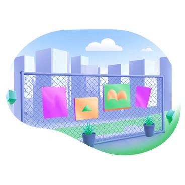 A modern pastel illustration depicting an urban scene with a chain-link fence prominently featured in the foreground. The fence is adorned with various art pieces, including colorful paintings and vibrant fabric banners. Several potted plants are placed at the base of the fence, adding greenery to the scene. In the background, there are tall buildings with large windows reflecting the sunlight. A clear blue sky is visible above, with a few fluffy white clouds scattered throughout.