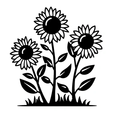 A field of sunflowers swaying in the breeze, drawn in black ink with intricate details on each flower and leaf.