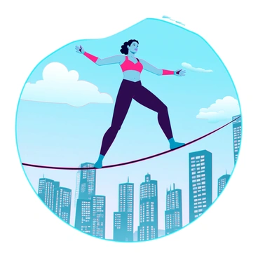 An acrobat with a toned physique and a brightly colored costume is expertly balancing on a thin tightrope. The performer has a focused expression and arms outstretched for stability. Below, the ground is far away, accentuating the height of the tightrope. The background features a bustling cityscape with skyscrapers, and the sky is a vivid blue with a few scattered clouds. The scene captures the tension and skill of the act, as the acrobat maintains perfect poise above the ground.