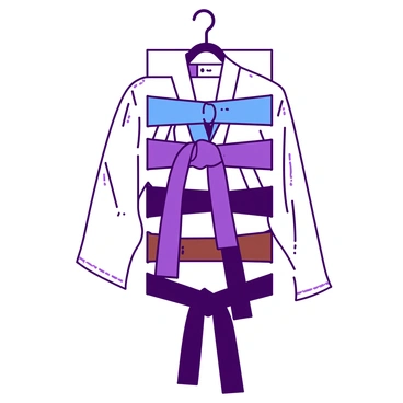 An illustration displays a progression of jiu-jitsu belts arranged in a neat vertical line from top to bottom. At the top, there is a "white" belt, symbolizing beginners, followed by a "blue" belt representing the next level. Below that, a "purple" belt signifies further advancement, followed by a "brown" belt indicating a high proficiency level. Finally, at the bottom, a "black" belt represents mastery in jiu-jitsu. Each belt is neatly displayed on a hanger with a contrasting background, highlighting the journey and achievement in martial arts.