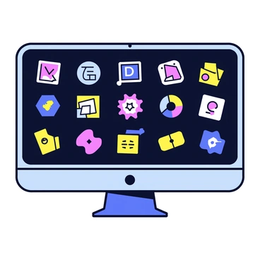A computer screen displaying a digital artist's toolbox. The screen is filled with a grid of various design software icons, each a different color and shape. The icons include recognizable symbols for graphic design, illustration, photo editing, and 3D modeling tools. The background of the screen is a dark theme, which helps the bright icons stand out. The edges of the screen are sleek and modern, emphasizing the high-tech aspect of digital artistry.