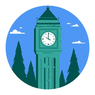 A teal classic clock tower stands tall, its intricate details visible against a backdrop of a deep blue twilight sky. The clock face prominently displays the hour and minute hands pointing at "12," indicating midnight, with a white glow emanating from the clock's center. Surrounding the tower, silhouettes of trees gently sway in the evening breeze, and small clouds drift across the sky, adding depth to the scene. The tower's architecture features ornate carvings and a peaked roof, drawing the viewer's eye upward.