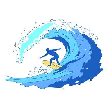 A blue wave is cresting, forming the distinct shape of a surfer within its curl. The surfer, with arms outstretched, is positioned seamlessly in the wave's arc, balancing skillfully on a bright yellow surfboard. The water splashes around, creating dynamic droplets that catch the light. The scene captures the energy and movement of the wave, emphasizing the surfer's stance amidst the curl of the water.