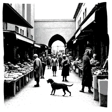 A medieval market scene is filled with various vendors and shoppers. Stalls are lined with vibrant fabrics, pottery, and fresh produce. A vendor is selling loaves of bread, while another displays an array of spices in small sacks. Shoppers of different ages are interacting, some examining goods while others are engaged in animated conversation. The atmosphere is lively, with a mixture of laughter and bargaining filling the air. A few children run between the stalls, and a dog wanders nearby, sniffing around for scraps. In the background, a stone archway leads to the main street, adding depth to the scene.