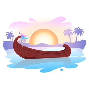 A traditional wooden boat is gliding smoothly across the calm waters of the Nile River. The boat features intricate carvings along its bow and is adorned with colorful sails catching the gentle breeze. The sky above is painted in gradient pastel colors of orange, pink, and purple as the sun sets on the horizon. Reflections of the vibrant sky dance on the water's surface, creating a serene atmosphere. Silhouettes of palm trees line the riverbanks, gently swaying in the evening breeze.