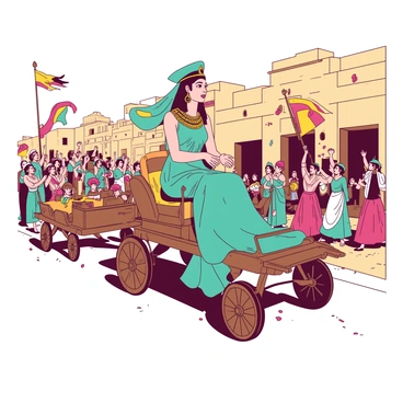 A teal Cleopatra is elegantly dressed in a flowing gown adorned with golden embroidery. She is seated on a lavish, ornately decorated chariot being pulled through the vibrant streets of Alexandria. Surrounding the chariot, a group of performers in colorful costumes are dancing and playing musical instruments. The streets are filled with cheering crowds, with people waving banners and throwing flower petals. In the background, ancient stone buildings line the street, and colorful banners flutter in the light breeze, adding to the festive atmosphere.