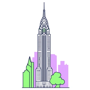 An illustration of the "Chrysler Building" towers against the city skyline. The building features prominent "art deco" architectural elements such as intricate "geometric patterns" and "stylized sculptures" adorning the exterior. The peak of the building has a distinct "spire" that tapers elegantly. In the foreground, there are smaller buildings, emphasizing the height of the Chrysler Building. The scene is set during the day with "clear skies" above.