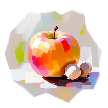 A close-up view of a single cashew apple, showcasing its vibrant red and yellow hues. The apple has a smooth, shiny surface, with delicate curves and a slight shine reflecting light. Attached to the base of the apple is the cashew nut, still encased in its hard shell, with its curved shape prominently visible. The background consists of soft, blurred greenery, emphasizing the striking colors of the cashew apple and nut.