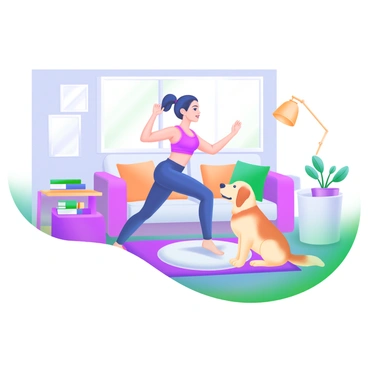 A cozy living room featuring a person performing reverse lunges. The person is wearing comfortable athletic clothing and has a focused expression. A playful dog, possibly a golden retriever, sits nearby on a soft rug, watching intently with its ears perked up. The room is adorned with warm lighting, a comfortable sofa with colorful cushions, and a small coffee table with a few books and a potted plant. The backdrop shows a window letting in natural light, adding to the inviting atmosphere.