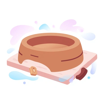 A rustic wooden dog bowl with a natural grainy texture is placed on a light-colored wooden surface. The bowl has a slightly curved shape, showcasing its organic form. Surrounding the bowl are a few scattered dog treats, highlighting its purpose. Soft shadows are cast around the bowl, adding depth to the composition. The overall scene evokes a warm and inviting atmosphere.