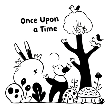 A group of various animals gathered in a vibrant forest setting, arranged on a 9x12 illustration board. A curious rabbit with large ears peeks from behind a bush, while a playful squirrel sits on a tree branch, holding an acorn. Below, a cheerful turtle is seen walking slowly on the forest floor, surrounded by colorful mushrooms. In the background, a tall tree stretches upward, with a few birds perched on its branches. Words "Once Upon a Time" are placed at the top of the illustration in a playful font.