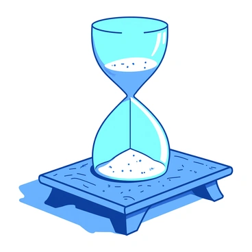 A blue hourglass stands upright on a small wooden table with polished edges. The upper half of the hourglass is filled with fine white sand, while the bottom half gradually accumulates the sand as it flows down. The sand appears to be slipping through the narrow neck of the hourglass, creating a small pile in the bottom section. Soft light casts gentle shadows around the hourglass, emphasizing its glass surface and the intricate wooden texture of the table beneath it. In the background, there are faint outlines of blurred objects that suggest a sense of depth, reinforcing the theme of time passing.