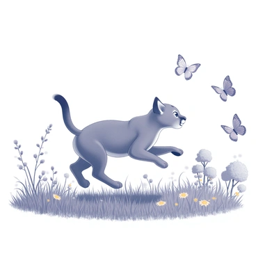 A puma cub in an active stance, with its body slightly crouched and tail raised, is chasing butterflies fluttering around. The meadow features tall grass swaying gently, with various flowers scattered throughout. The puma's playful expression is captured as it leaps forward, eyes focused on the colorful butterflies dancing in the air. In the background, a few trees dot the landscape, providing a sense of depth to the sunny scene. A bright sky can be seen overhead, suggesting a vivid atmosphere.