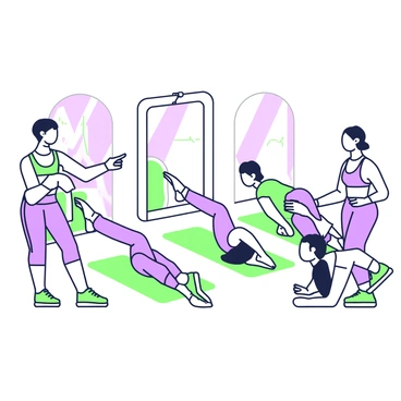 A group fitness class is taking place in a spacious studio. Several participants are lying on green exercise mats arranged in rows. Each individual is performing synchronized bicycle crunches, with their elbows touching opposite knees. The participants vary in appearance, showcasing different hairstyles and fitness attire. In the foreground, a fitness instructor is demonstrating the exercise, pointing to the participants while encouraging them. Large mirrors on the wall reflect their movements, capturing the energy of the class.