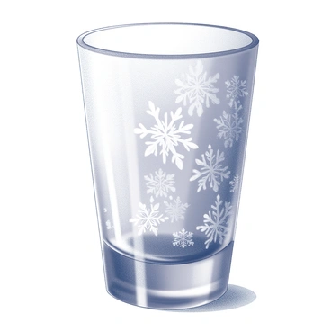 A frosted shot glass stands upright on a smooth surface. The glass features intricate snowflake patterns etched into its surface, giving it a textured appearance. The shot glass has a rounded bottom and a straight, narrow opening at the top. Soft light reflects off the frosted surface, creating subtle highlights that accentuate the delicate designs of the snowflakes. The background is blurred to keep the focus on the shot glass.
