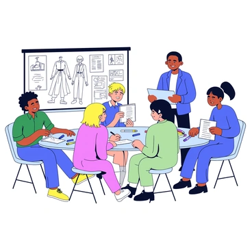 Students gathered around a table, learning fashion illustration techniques from an instructor.