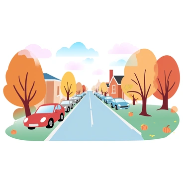 A peaceful suburban street in autumn with parked cars and leaf-covered lawns