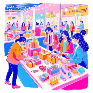 A festive gift-wrapping station is bustling with shoppers. There are multiple tables covered in bright wrapping paper and ribbons. Some shoppers are carefully wrapping colorful boxes in shiny paper, while others are tying bows with vibrant ribbons. Scattered around the station are rolls of different wrapping papers, a stack of gift tags, and scissors. A cheerful holiday banner hangs overhead, and there are string lights adding a warm glow to the scene. Shoppers are engaged and focused, some chatting excitedly as they wrap their Black Friday purchases.