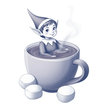 An elf sitting comfortably in a large cup of hot cocoa. The elf has pointed ears and is wearing a traditional red and green outfit. The mug is filled with rich, steaming cocoa, and fluffy, white marshmallows are scattered around the elf. The scene conveys a cozy atmosphere, with the elf appearing content as it enjoys its warm surroundings.