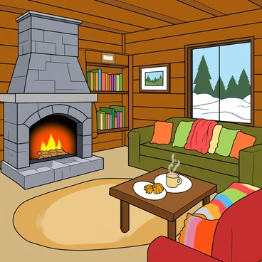 An inviting interior view of a rustic cottage. The walls are made of warm, wooden logs, giving a snug feel to the space. A large, stone fireplace occupies one corner, with flames crackling and casting a soft glow around the room. In front of the fireplace, there is a plush, oversized rug in earthy tones. A comfortable sofa, covered with colorful blankets, is positioned near the fire. A wooden coffee table holds a steaming mug and a plate of honey. On the walls, there are framed pictures of nature scenes and shelves filled with books. A window reveals a snowy landscape outside, enhancing the cozy atmosphere.