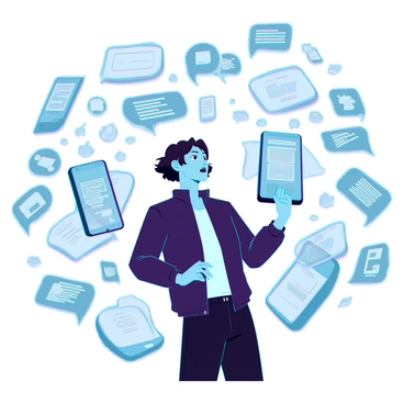 A person with medium skin and short hair stands at the center of a chaotic digital storm. The background is filled with swirling, glowing smartphones and floating messages that resemble text bubbles, all illuminated with bright colors. The person has an expression of surprise and determination, reaching out as if trying to grasp one of the devices. Their clothing is modern and slightly rumpled, suggesting the intensity of the storm surrounding them. The digital elements create a sense of movement, adding energy to the scene.