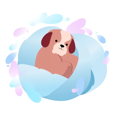 A puppy with fluffy fur is nestled in a soft, textured blanket. The blanket is wrapped around the puppy, creating a snug cocoon. The puppy's body is curled up, with its paws tucked underneath. Surrounding the blanket are small decorative elements like a plush toy and a soft pillow. The colors are in gradient pastel shades, creating a soothing atmosphere.