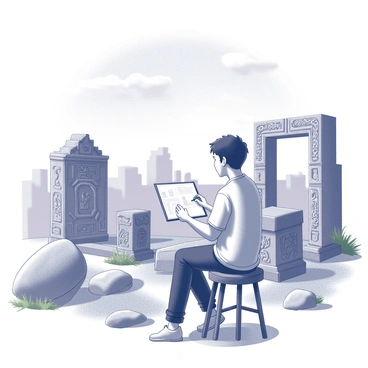 An illustrator is sitting on a stool, focused on sketching ancient ruins. The ruins are detailed with intricate carvings that depict various figures and symbols. The illustrator holds a sketchbook on their lap, and a pencil is poised above the page, capturing the details. The background features a bright sky with a few clouds scattered, creating a vibrant atmosphere around the scene. The setting includes fallen stones and greenery surrounding the ruins, emphasizing the age and history of the place.