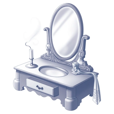 A vintage vanity with ornate carvings and an oval mirror. The surface of the vanity is polished, reflecting delicate patterns and the surrounding environment. Wisps of smoke gently rise from a small, elegantly designed candle placed on the vanity's surface. The mirror captures the swirling smoke, creating a dynamic interplay of light and shadow within its reflective surface. Soft textures of fabric, such as lace or silk, drape elegantly around the vanity, adding to the antique ambiance of the scene.