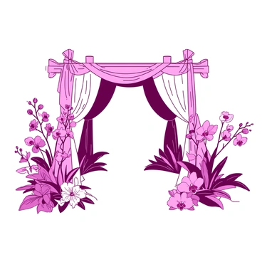 A duotone structure of a mandap is surrounded by numerous exotic orchids in vibrant colors. The mandap features elegant drapery cascading from the top beams, creating an inviting atmosphere. The drapes are flowing gently, enhancing the overall beauty of the mandap. Various types of orchids are arranged meticulously around the base and along the sides, adding intricate details and depth to the scene.