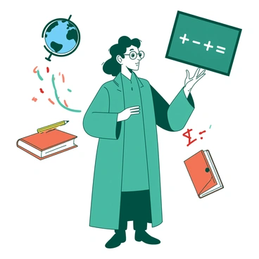 A teal wise teacher is standing confidently in the center of the image, wearing round glasses and a long robe. Around the teacher, various colorful educational tools and symbols are floating. There are orange books, yellow pencils, a blue globe, and red mathematical symbols like plus and minus signs. The teacher has a thoughtful expression, gesturing towards a floating chalkboard that displays a simple equation. The scene conveys a sense of knowledge and learning.