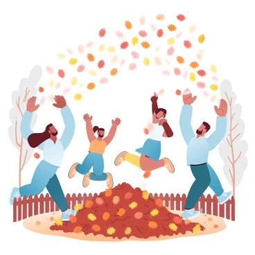 A family is engaging in playful activities in a large pile of colorful autumn leaves in their backyard. The parents are lifting their arms, tossing leaves into the air, creating a shower of vibrant colors. Two children are joyfully jumping into the pile, their bodies covered in various shades of orange, yellow, and red leaves. Surrounding them are several tall trees, their branches adorned with autumn foliage. The ground is blanketed with a thick layer of fallen leaves, enhancing the rich autumn atmosphere. A wooden fence outlines the backyard, adding structure to the cozy scene.