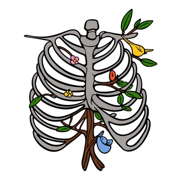 A ribcage with intricate details, featuring branches and leaves intertwining throughout the bones. The ribcage is partially open, revealing delicate flowers blooming inside. Small birds are perched on the branches, surrounded by vibrant green leaves. The scene conveys a sense of harmony between the skeletal structure and the natural elements. 
