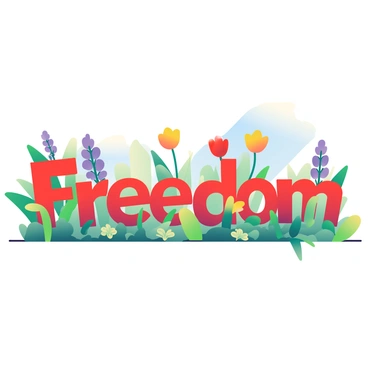 A vibrant garden is filled with a variety of flowers, all growing in the shape of the word "Freedom." The flowers include bright red tulips, yellow daisies, and purple lavender, each contributing to the colorful display. The letters are formed by neatly arranged blossoms, with lush green leaves providing contrast. Sunlight gently illuminates the scene, casting soft shadows on the ground. In the background, a blue sky is visible, enhancing the overall cheerful atmosphere of the garden.