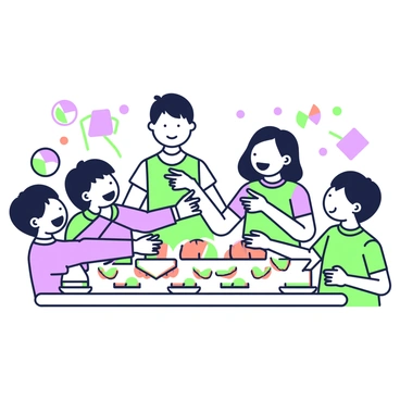 A table is filled with an assortment of sandwiches cut into various fractions. The sandwiches are arranged in an organized manner, showcasing triangles, rectangles, and other shapes. Surrounding the table, several children are eagerly reaching out to select their desired pieces. Each child has a look of excitement on their faces, with some pointing towards their favorite fractions. In the background, colorful plates and napkins enhance the scene, while playful laughter fills the air.