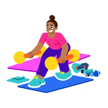 A child with a joyful expression is mimicking the bent over row exercise. The child is holding two bright-colored toy weights, one in each hand, with arms bent at the elbows. The child is leaning forward slightly, showcasing the correct posture while engaging in the exercise. The background has a playful atmosphere, with soft floor mats and colorful exercise equipment scattered around. The child is wearing a vibrant athletic outfit that adds to the energetic vibe of the scene.