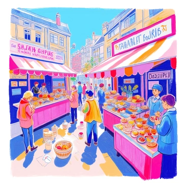 Food stalls are arranged in a vibrant marketplace at the fair. Each stall is decorated with colorful banners and awnings, showcasing various "local Brighton delicacies." One stall displays freshly baked "fish and chips" served in paper cones, while another offers "palm-sized donuts" dusted with sugar. Nearby, a vendor is preparing "traditional English scones" with clotted cream and jam. There are also baskets filled with "seasonal fruits" and jars of "homemade jams" on display. The scene is bustling with visitors sampling the offerings and enjoying the festive atmosphere.
