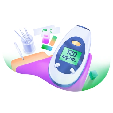 A glucose meter showing a blood sugar level reading