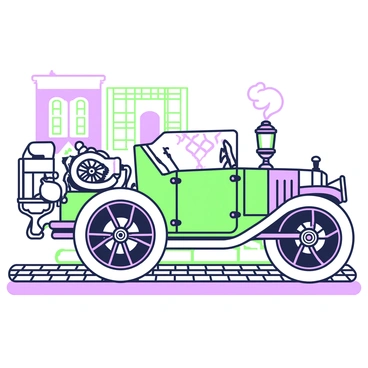 A car with a steampunk design is parked on a cobblestone street. The body of the car is adorned with intricate gears and cogs, visibly integrated into the exterior. The wheels have a vintage appearance, with added decorative metal accents. Steam is gently rising from a small chimney on the side of the vehicle. The headlights resemble antique lanterns, casting a soft glow. Surrounding the car, there are hints of industrial elements like wrought iron railings and brick buildings in the background.