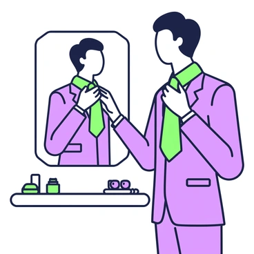 A professional is standing in front of a mirror, adjusting their tie or scarf. The individual is wearing a tailored suit with sharp lines, and the color of the suit is not specified. They have short, neatly styled hair. Their expression is focused as they carefully smooth the fabric of the tie or scarf around their neck. The mirror reflects the professional's image along with the surroundings, which includes a well-organized dressing table with a few personal items placed neatly to the side, such as a watch and a grooming kit. The lighting is soft, illuminating the scene without harsh shadows.