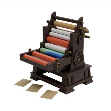 A traditional printing press set in a workshop environment. The press is made of dark wood with intricate carvings and metal components. It features large, cylindrical rollers positioned above several ink trays filled with vibrant colors of ink. The rollers are partially covered in ink, showcasing a glossy finish. The base of the press is sturdy, with visible gear mechanisms and handles for manual operation. Surrounding the press are sheets of paper waiting to be printed, adding to the scene's authenticity.